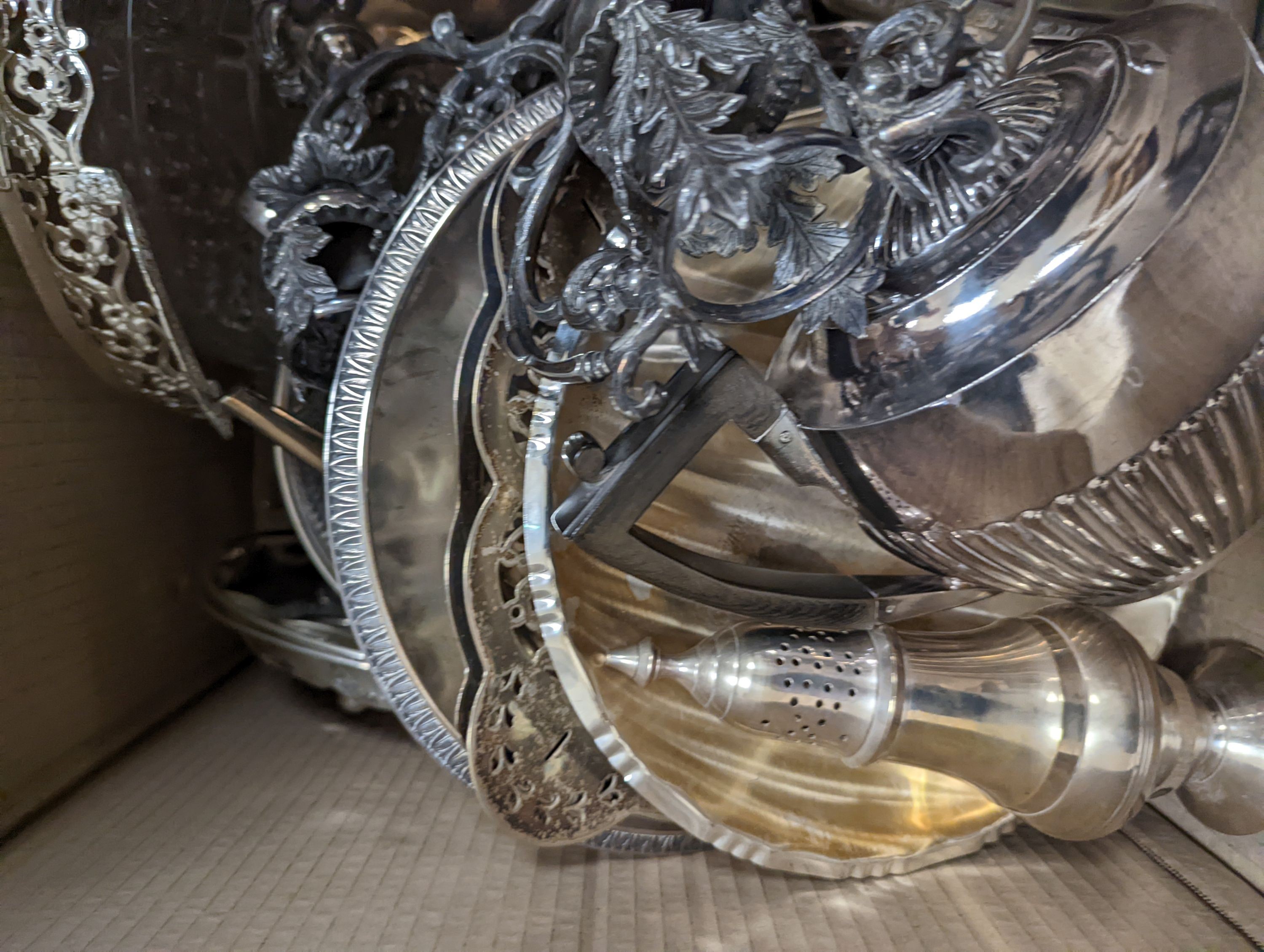 A 3 piece plated tea set, candelabra, tray and mixed silver plate